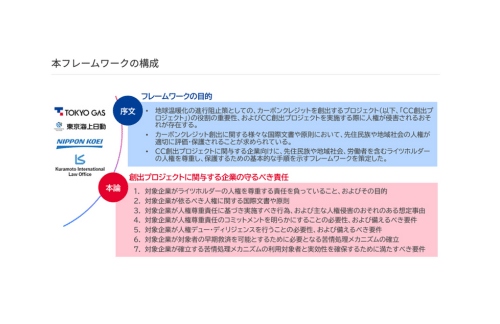 東京ガス、東京海上日動・日本工営と共同でカーボンクレジットの信頼性向上のため「人権尊重のためのフレームワーク」を策定の概要写真